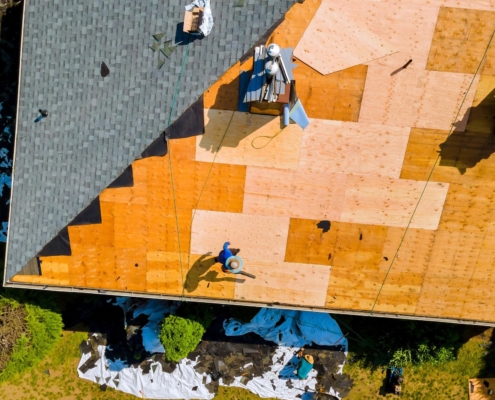 Ariel view of a roof replacement