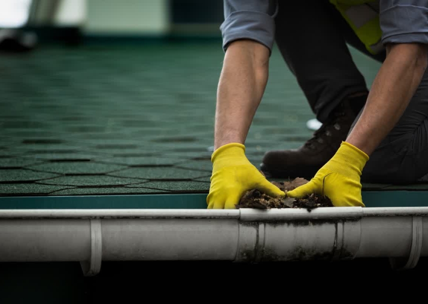 Homeowner safely performing DIY roof maintenance by cleaning gutters with ladder and gloves