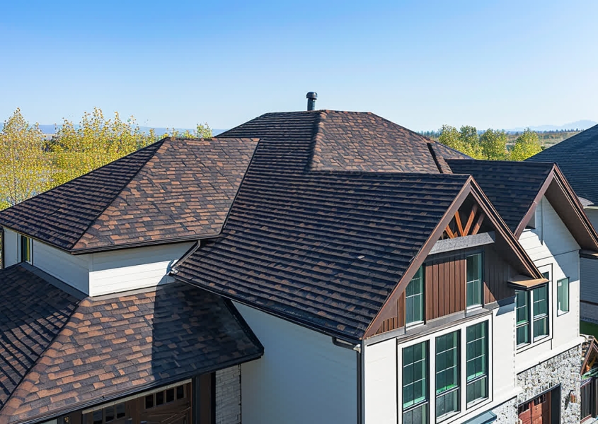 Homeowner cleaning gutters for shingle roof maintenance