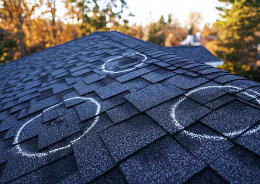 Local roofers with roof warranty coverage circling problem spots on roof