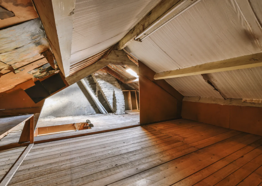 Attic inspection revealing hidden roof damage in insulation and framing
