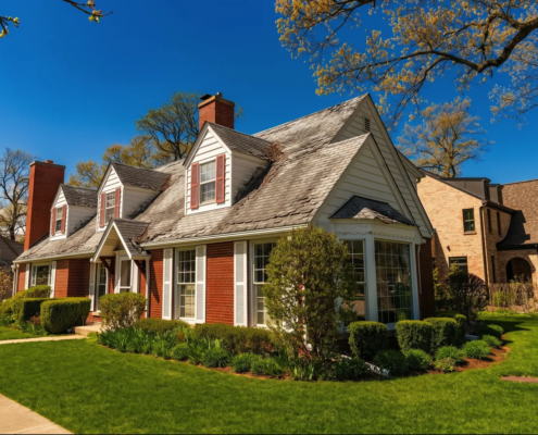 Neighboring homes, one showing premature roof aging with worn and discolored shingles