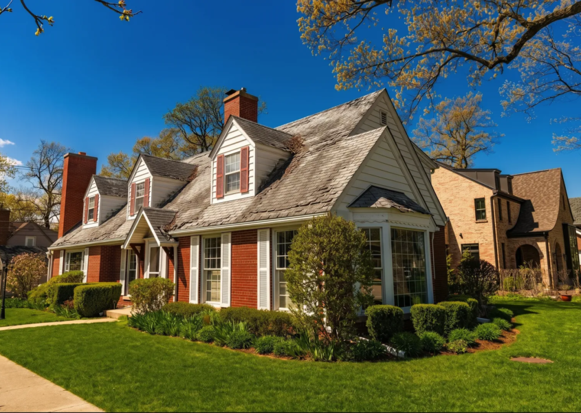 Neighboring homes, one showing premature roof aging with worn and discolored shingles