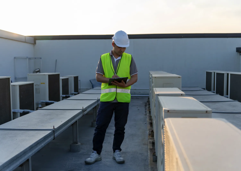 Roofer inspecting a commercial flat roof for drainage problems near HVAC units