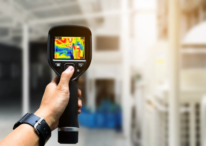 Technician about to perform an infrared roof scan on a large commercial flat roof.